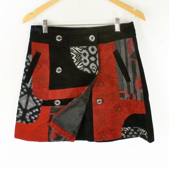 Vintage Desigual Geometric Patchwork Velvet Corduroy Wrap Skirt - Picture 2 of 7